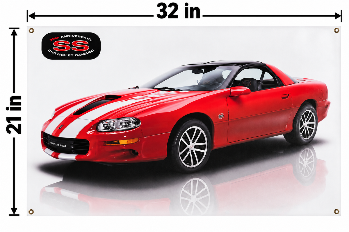 Red 2002 Chevrolet Camaro SS 35th Anniversary Automotive Wall Poster, 32 x 21 in, Garage and Man Cave Decor - dimensions