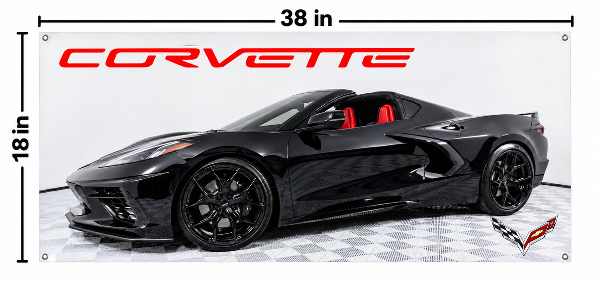 Black Chevrolet Corvette C8 Automotive Wall Poster, 38 x 18 in, Garage and Man Cave Decor - dimensions