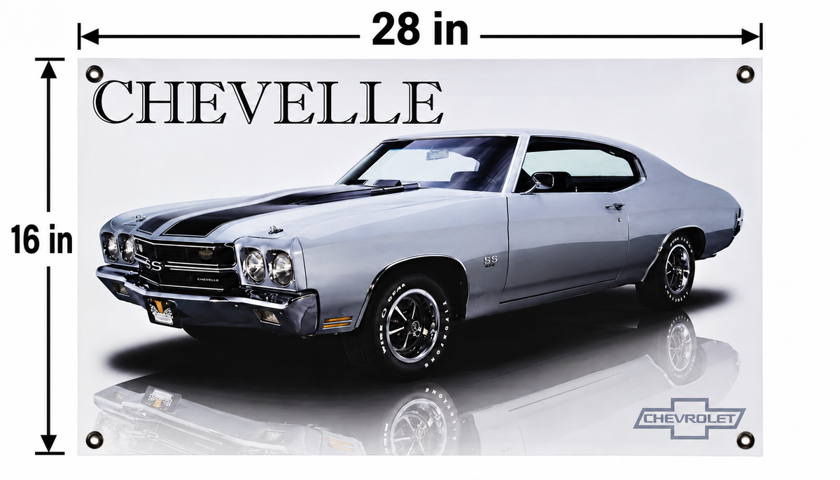 Gray 1970 Chevrolet Chevelle SS Automotive Wall Poster, 28 x 16 in, Garage and Man Cave Decor - dimensions