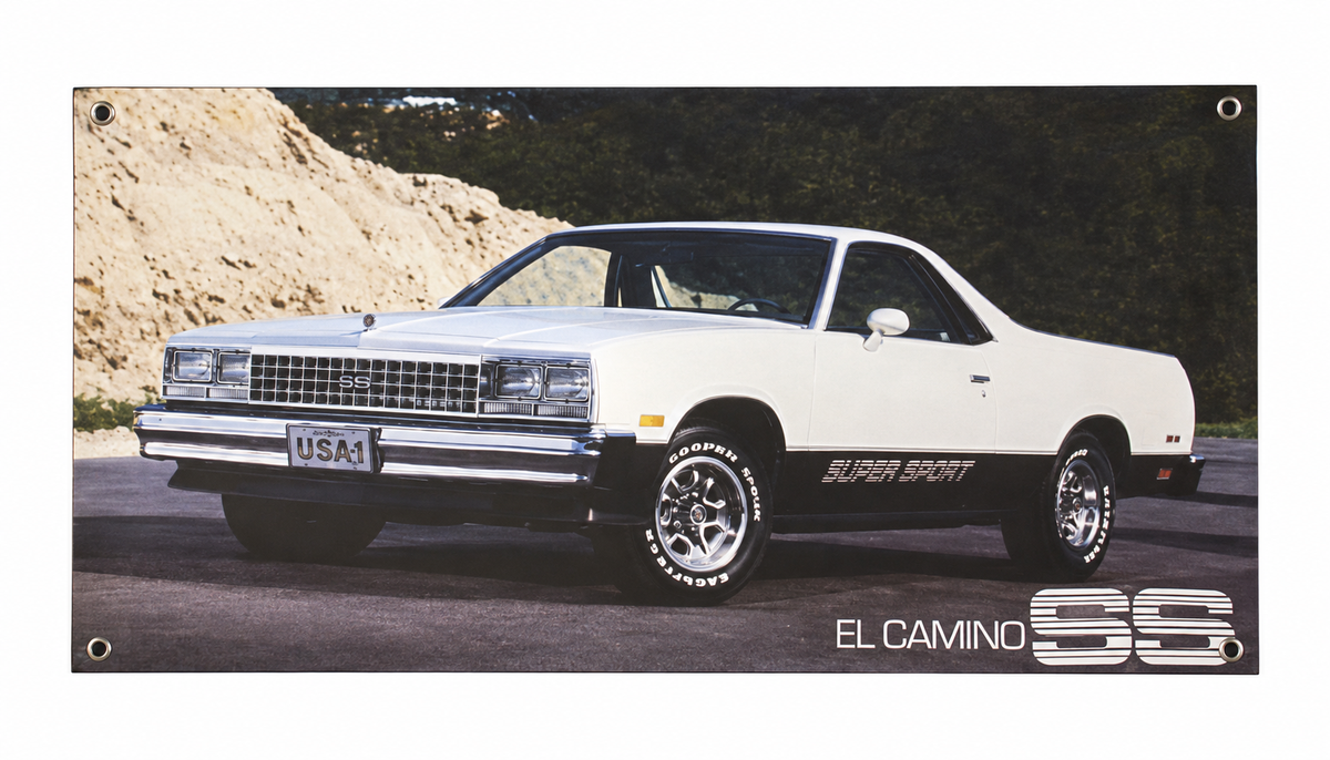 White Chevrolet El Camino SS Automotive Wall Poster, 28 x 16 in, Garage and Man Cave Decor - product view