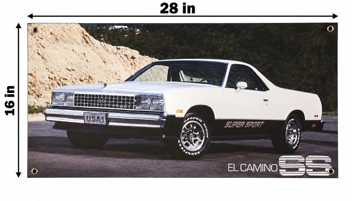 White Chevrolet El Camino SS Automotive Wall Poster, 28 x 16 in, Garage and Man Cave Decor - dimensions