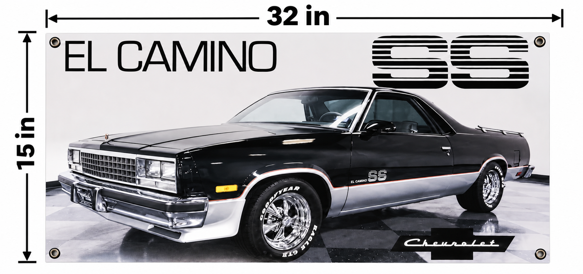 Black Chevrolet El Camino SS Automotive Wall Poster, 32 x 15 in, Garage and Man Cave Decor - dimensions