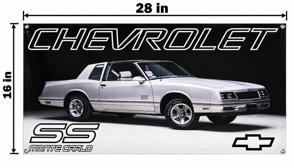 Gray Chevrolet Monte Carlo SS Automotive Wall Poster, 28 x 16 in, Garage and Man Cave Decor - dimensions