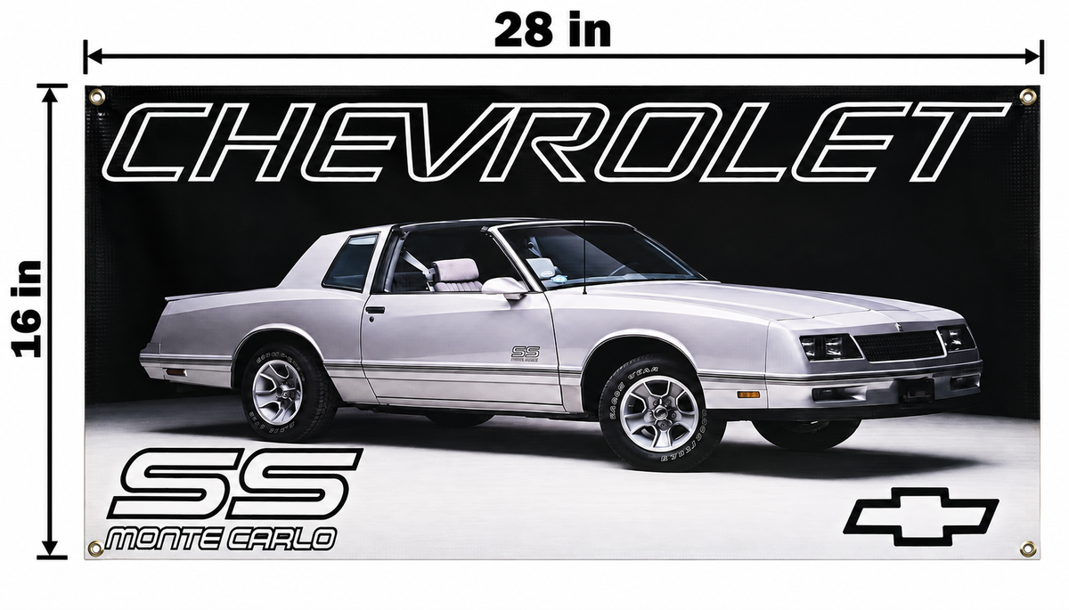 Gray Chevrolet Monte Carlo SS Automotive Wall Poster, 28 x 16 in, Garage and Man Cave Decor - dimensions