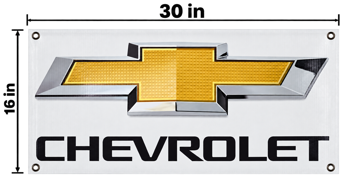 Chevrolet Bowtie Automotive Wall Banner, 30 x 16 in, Garage and Man Cave Decor - dimensions