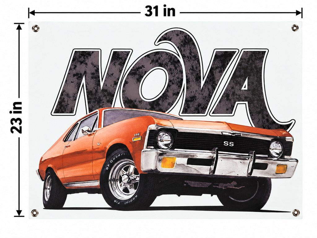 Orange Chevrolet Nova SS Automotive Wall Poster, 31 x 23 in, Garage and Man Cave Decor - dimensions