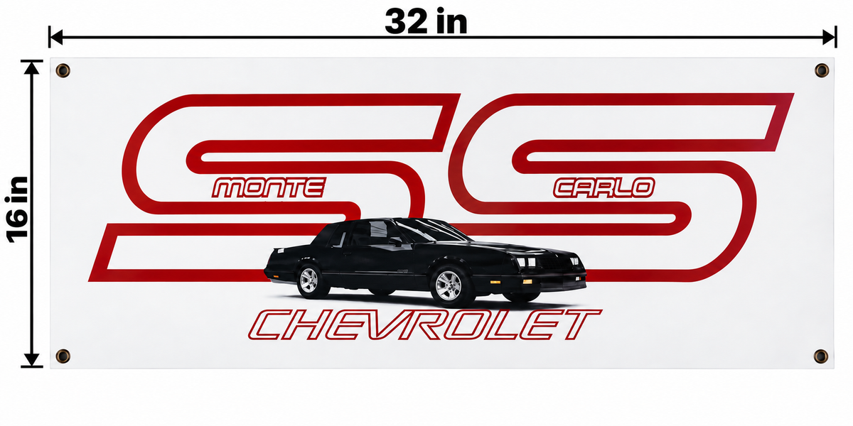 Chevrolet Monte Carlo SS Red Graphic Automotive Wall Poster, 32 x 16 in, Garage and Man Cave Decor - dimensions