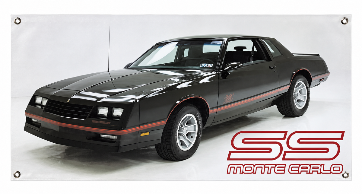 Black Chevrolet Monte Carlo SS Automotive Wall Poster, 28 x 15 in, Garage and Man Cave Decor - product view