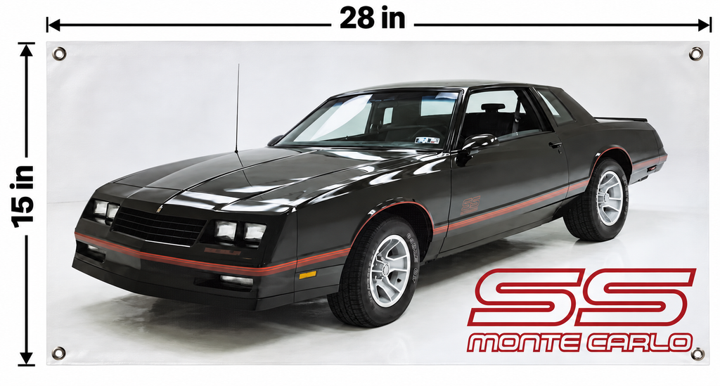 Black Chevrolet Monte Carlo SS Automotive Wall Poster, 28 x 15 in, Garage and Man Cave Decor - dimensions