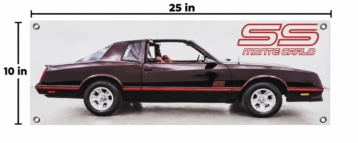 Black 1986-1987 Chevrolet Monte Carlo SS Aerocoupe Automotive Wall Poster, 25 x 10 in, Garage and Man Cave Decor - dimensions