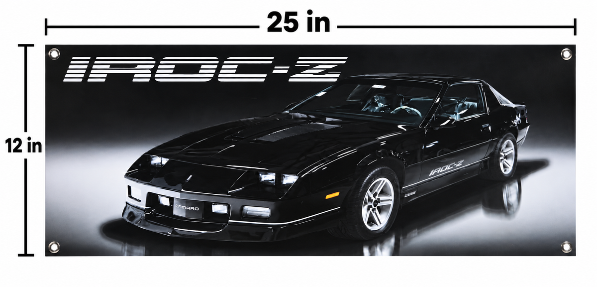 Black Chevrolet Camaro IROC-Z Automotive Wall Poster, 25 x 12 in, Garage and Man Cave Decor - dimensions