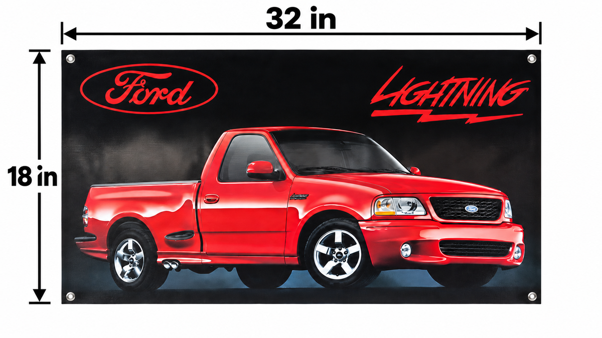 Red Ford F-150 SVT Lightning Automotive Wall Poster, 32 x 18 in, Garage and Man Cave Decor - dimensions