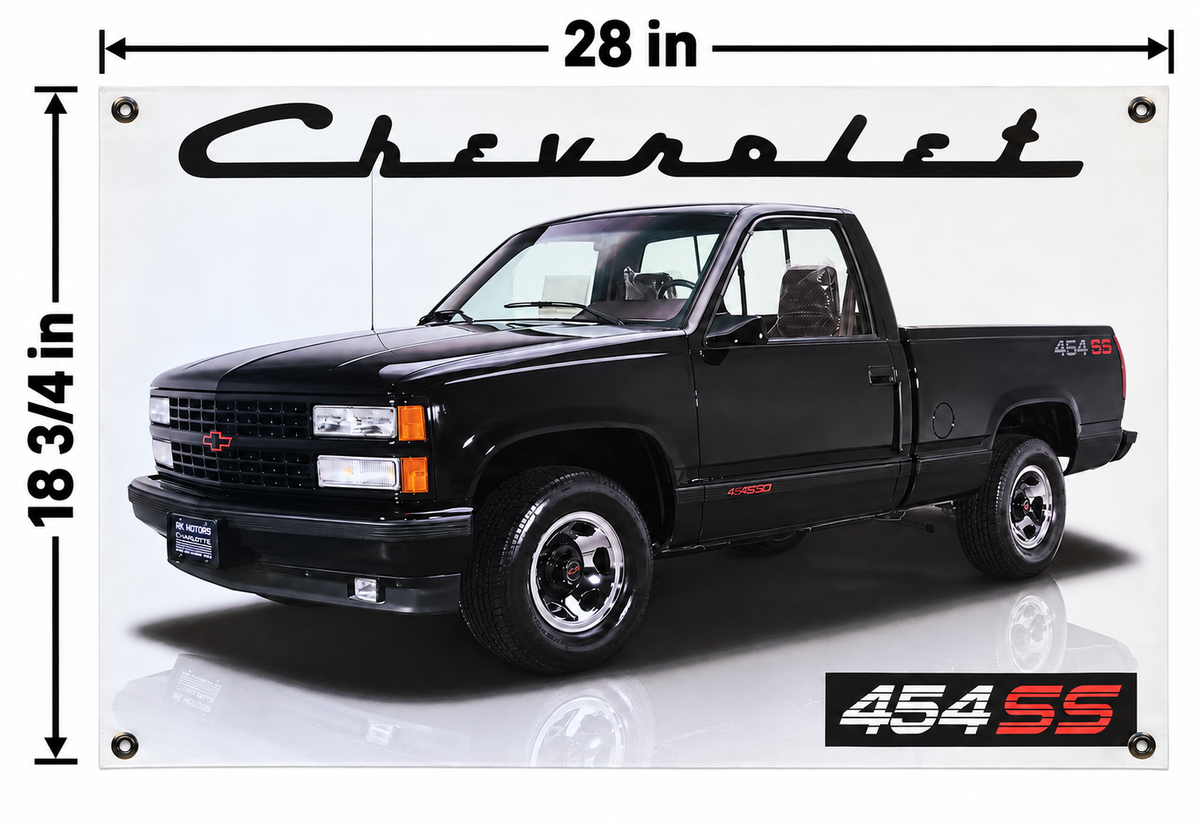 Black Chevrolet 454 SS Pickup Automotive Wall Poster, 28 x 18 3/4 in, Garage and Man Cave Decor - dimensions