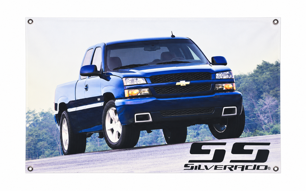 Blue 2003-2006 Chevrolet Silverado SS Automotive Wall Banner, 32 x 20 in, Garage and Man Cave Decor - product view