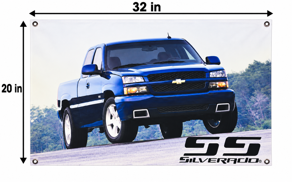 Blue 2003-2006 Chevrolet Silverado SS Automotive Wall Banner, 32 x 20 in, Garage and Man Cave Decor - dimensions
