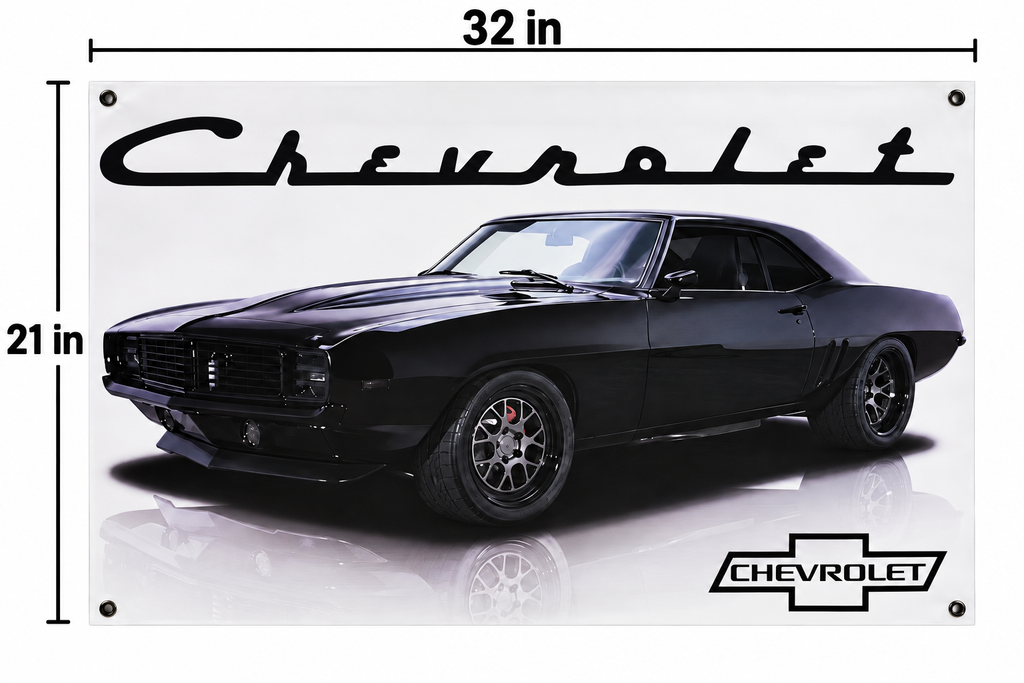 Black 1969 Chevrolet Camaro Automotive Wall Poster, 32 x 21 in, Garage and Man Cave Decor - dimensions