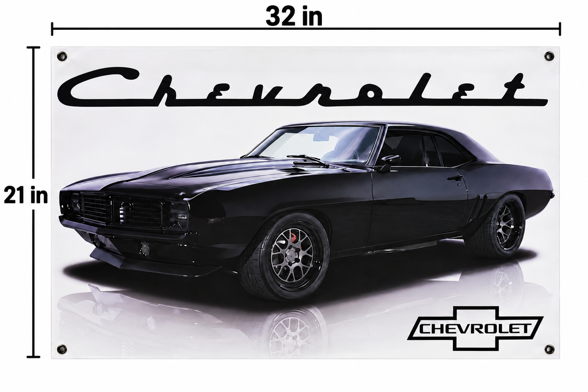 Black 1969 Chevrolet Camaro Automotive Wall Poster, 32 x 21 in, Garage and Man Cave Decor - dimensions