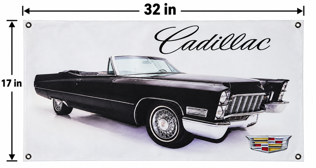 Black Classic Cadillac DeVille Convertible Automotive Wall Poster, 32 x 17 in, Garage and Man Cave Decor - dimensions
