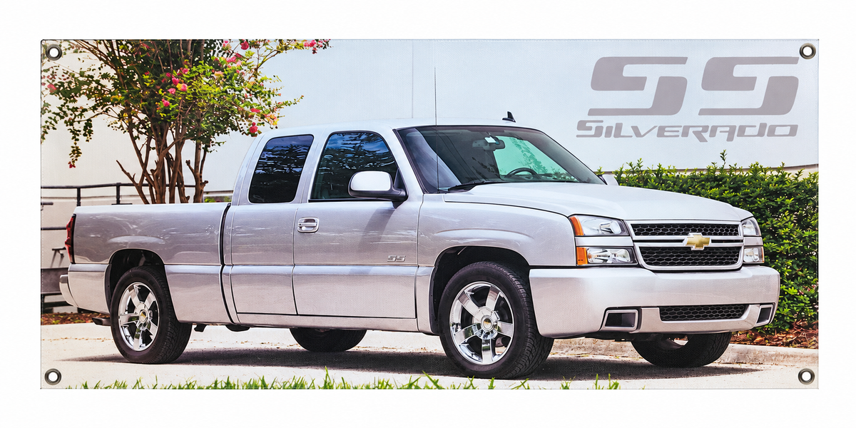 Silver 2003-2006 Chevrolet Silverado SS Automotive Wall Poster, 32 x 16 in, Garage and Man Cave Decor - product view