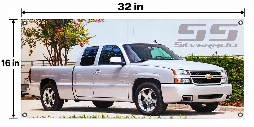 Silver 2003-2006 Chevrolet Silverado SS Automotive Wall Poster, 32 x 16 in, Garage and Man Cave Decor - dimensions