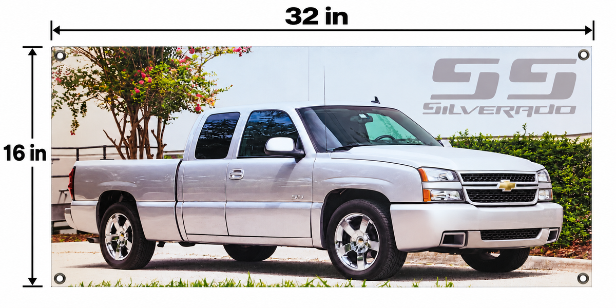 Silver 2003-2006 Chevrolet Silverado SS Automotive Wall Poster, 32 x 16 in, Garage and Man Cave Decor - dimensions