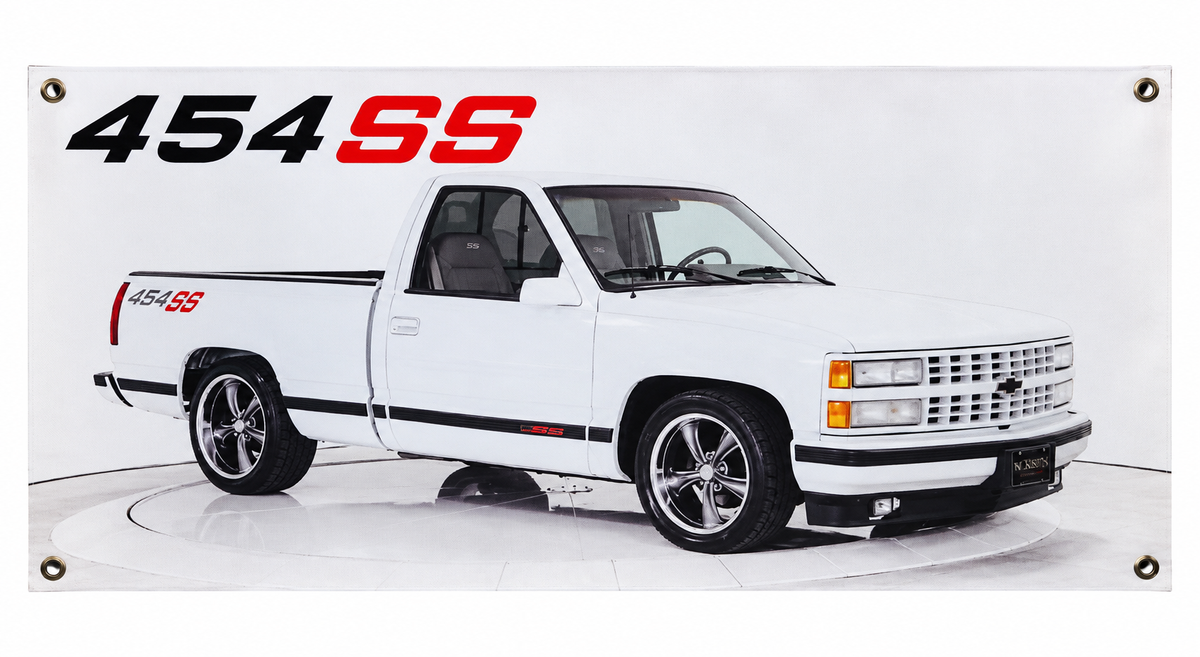 White Chevrolet 454 SS Pickup Automotive Wall Poster, 31 x 17 in, Garage and Man Cave Decor - product view