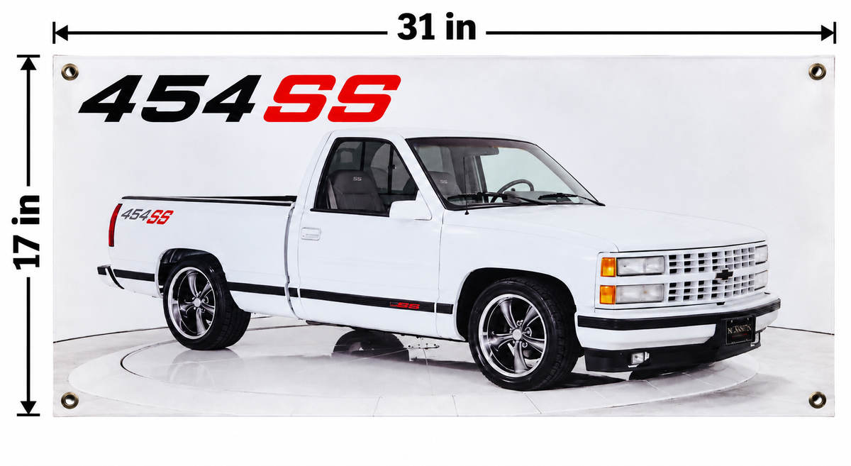 White Chevrolet 454 SS Pickup Automotive Wall Poster, 31 x 17 in, Garage and Man Cave Decor - dimensions